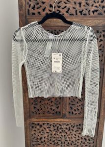 Zara Brand New Rhinestones Mesh Glam Top