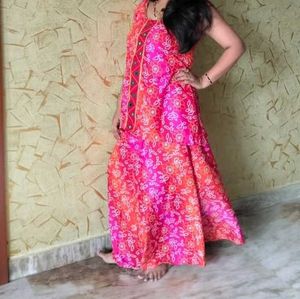 Red Floral Print Kurta Umbrella Plazo Set