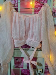 Pink Sheer Crop Top With Waist Ribbon