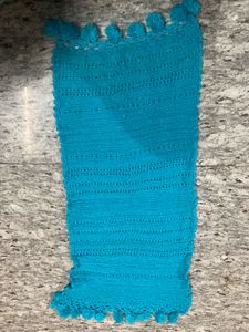 Teal Knitted Scarf with Pom Poms