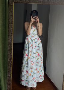 Tropical Fruit  Print Strapless Cotton Midi Dress