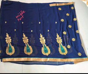 Georgette Navy Blue Saree With  Thread  Embroidery