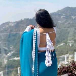 Elegant Blue Saree with Ruffle Blouse