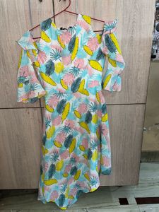 Tropical Print Cold-Shoulder Dress with Ruffle Sle