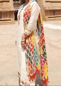 Beautiful White 3 Piece Suit With Multicolour Work