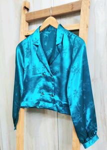 Teal Satin Floral Cropped Top size-32