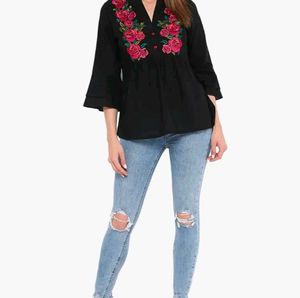 Floral Embroidered Black Top