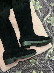 Black Suede Thigh High Flat Boots