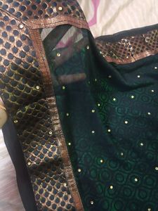 Unworn Gold Stone Saree With Green Allover Print