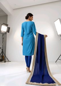 Blue Embroidered Kurta With Dupatta