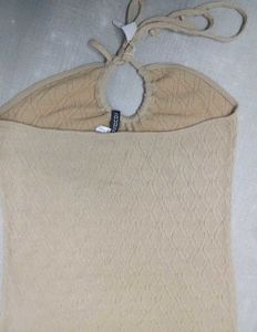 H&amp;M Beige Tan Textured Halterneck Mini Dress