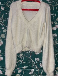 V Neck White Sweater