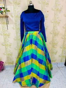 Blue & Green Checkered Skirt Set