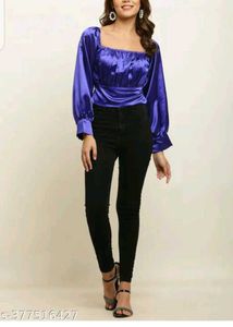 Royal Blue Satin Long Sleeve Top