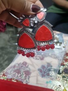 Red Stone Silver Dangle Earrings