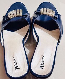 Blue Party wear block Heels With Diamonds
