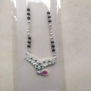 Pure Silver Beautiful Green &amp; Pink CZ Mangalsutra
