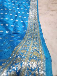 blue kataan saree with silver zari work