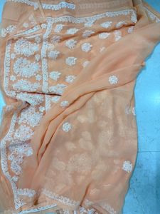 Peach Lukhnowi ChikanKari Saree