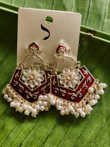 Dark Red & Pearl Kundan Earrings