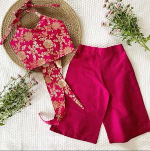Chanderi Silk Back Typing Crop Top & Palazzo