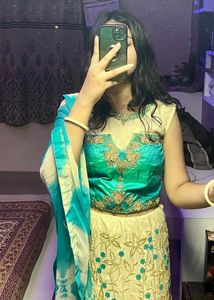 Teal &amp; Gold Embroidered Lehenga