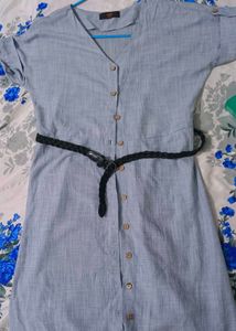 Light Blue Button-Down Dress with Belt