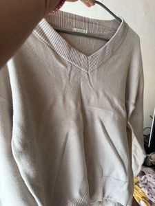 Beige V-Neck Knit Sweater