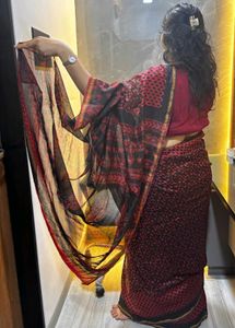 Red &amp; Black Block Print Saree