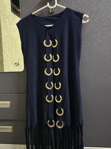 Navy Sleeveless Dress with Fringe