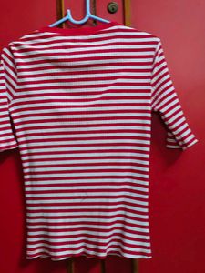 White T-shirt With Red Strips.