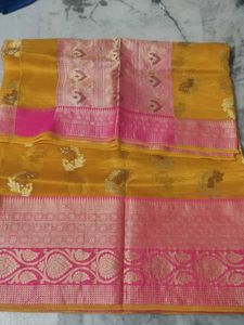 Gold And Pink Organza Saree