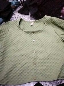 Green Textured Button-Up Top