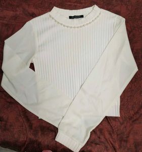 White Pearl Detail Ribbed Top