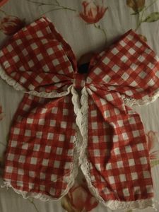 Red Gingham Bow rubber Band with Lace Trim