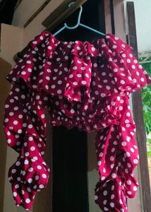 Full Sleeves Polka Print Women Red Off Shoulder Crop Top