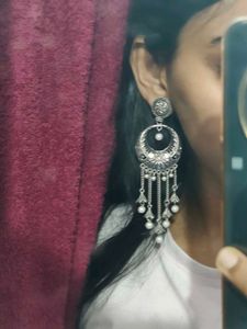 Silver Oxidized Chandbali Earrings with Pearls