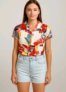 Floral Outfit Set(New)Crop Shirt And Denim Shorts
