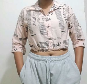 Newsprint Cropped Button-Down Top