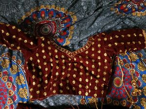 Burgundy Embroidered Velvet Skirt