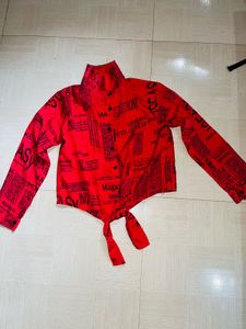 Red Newspaper Print Top