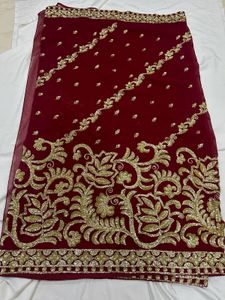 Elegant Embroidered Red Saree without blouse