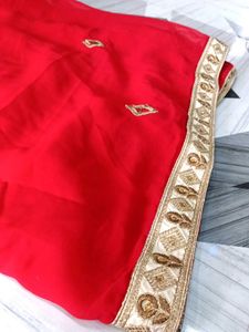 Red &amp; Ivory Floral Embroidered Lehenga