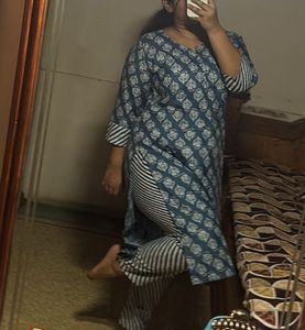 Blue Printed Kurti Pant Set