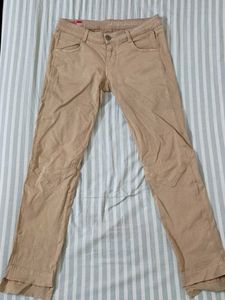 (30 Waist) Beige Denim/Cotton Blend With Side Slit