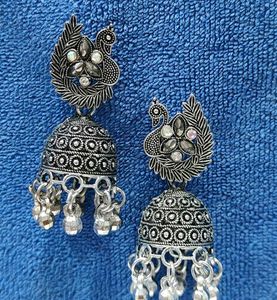 Silver Peacock Jhumka Earrings