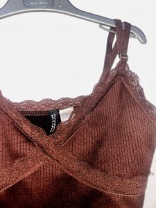 Brown Lace Trim Cami Top