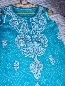 Sky Blue Sleevless Short Embroidery Kurti