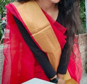 Red Organza Saree With Golden Border