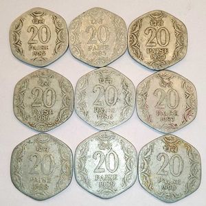 Set of 9 Yearwise Vintage 20 Paise Coins
